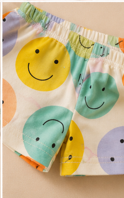 Happy Smiley Face Kids Co-Ord Set – Cute Printed Cotton T-Shirt & Shorts Set for Girls
