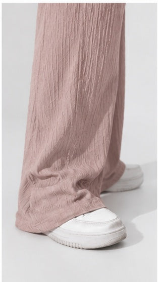 Dusty Rose Wide Leg Palazzo Pants for Women | Elastic Waist Crinkle Lounge Trousers