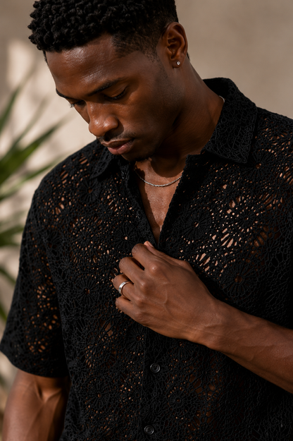 Men's Black Crochet Lace Shirt – Premium Summer Resort Wear Casual Button Down