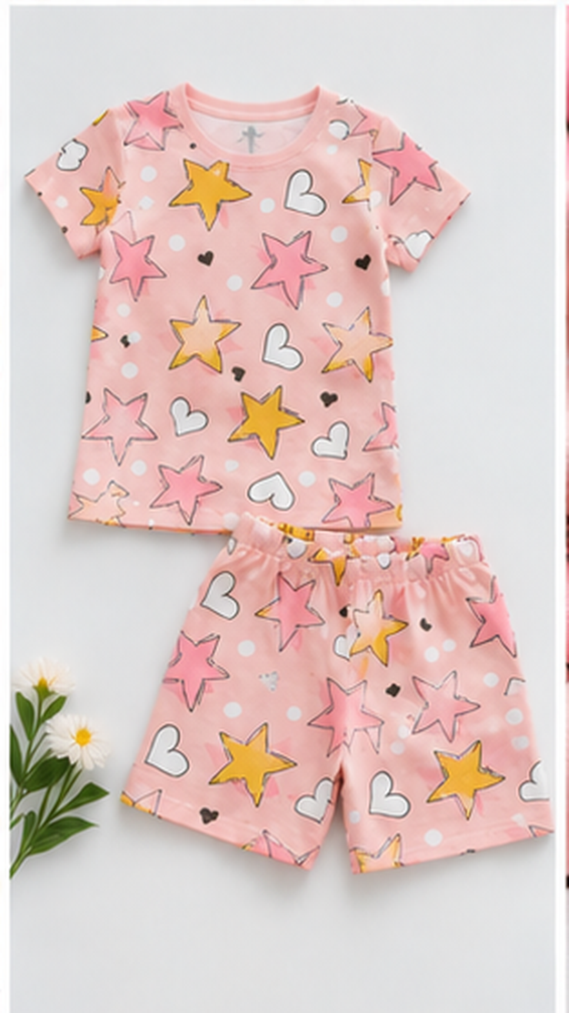 Star & Heart Kids Co-Ord Set – Pink Printed T-Shirt & Shorts for Girls