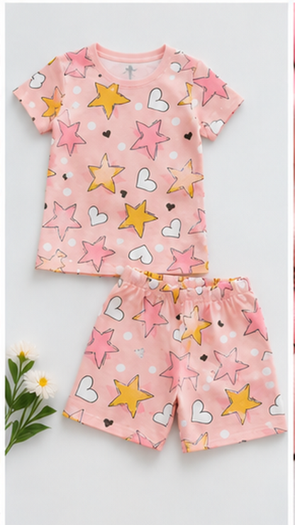 Star & Heart Kids Co-Ord Set – Pink Printed T-Shirt & Shorts for Girls