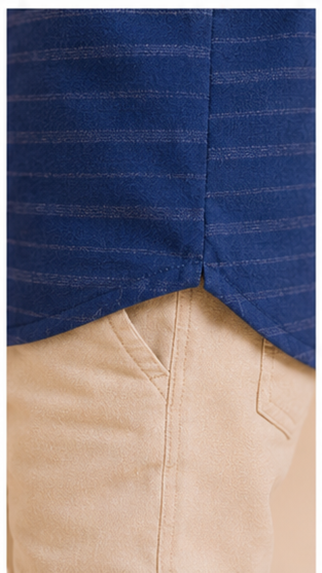 Boys Navy Blue Striped Mandarin Collar Shirt (Full Sleeve)