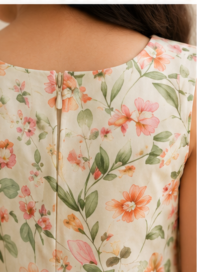 Girls Cream Floral Print Fit & Flare Dress (Sleeveless)