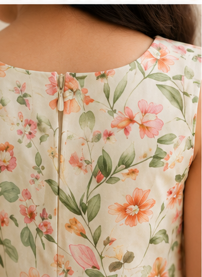 Girls Cream Floral Print Fit & Flare Dress (Sleeveless)