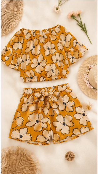 Girls Mustard Floral Off-Shoulder Co-ord Set with Tie-Up Shorts