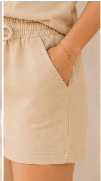 Women’s Beige Floral Embroidered Co-Ord Set – Casual T-Shirt & Shorts Lounge Wear