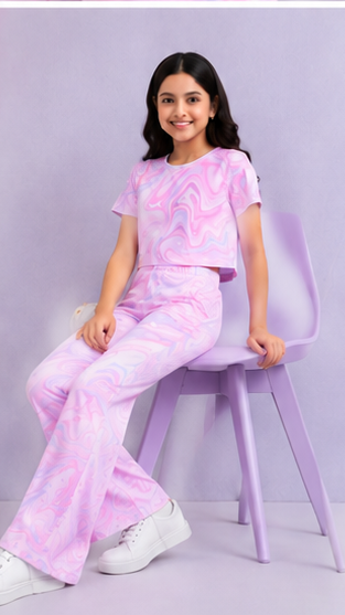 Girls Pink Marble Tie Dye Co-Ord Set | Kids Crop Top & Bell Bottom Pants | Stylish Summer Outfit for Girls