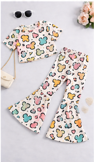 Girls Cartoon Print Co-Ord Set | Kids Crop Top & Bell Bottom Pants Outfit | Trendy Western Wear for Girls