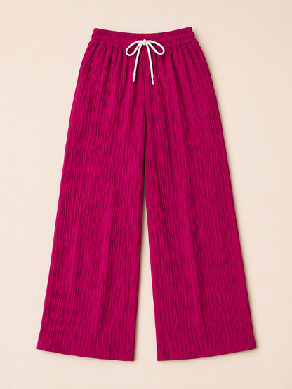 Fuchsia Pink Wide Leg Palazzo Pants for Women | Drawstring Elastic Waist Lounge Trousers