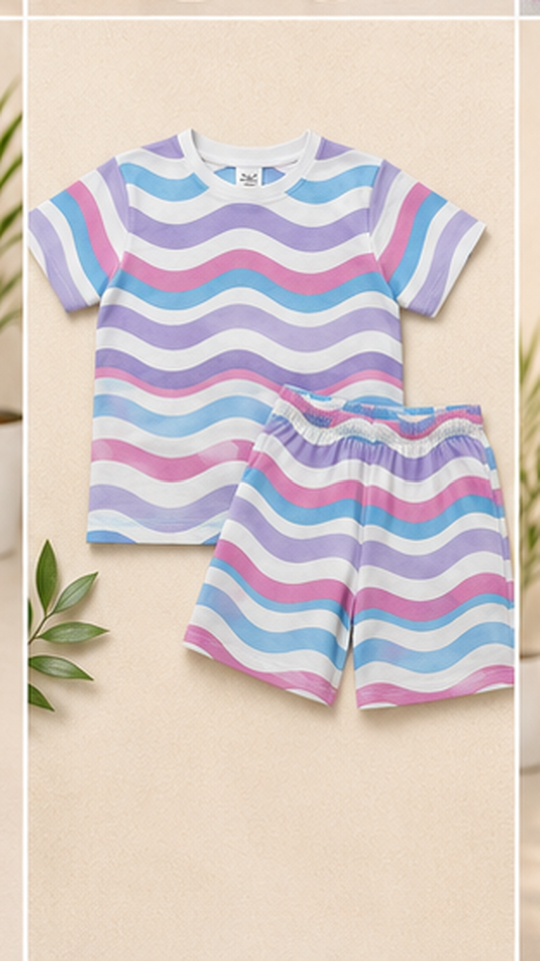Pastel Wave Stripe Kids Co-Ord Set – Soft Cotton T-Shirt & Shorts Summer Outfit for Boys & Girls
