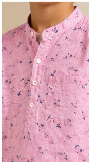 Boys Pink Floral Printed Mandarin Collar Cotton Shirt (Full Sleeve)