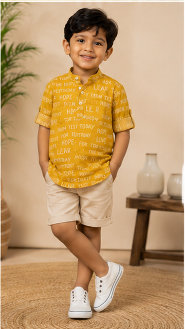 Boys Mustard Yellow Typography Print Mandarin Collar Shirt (Full Sleeve)