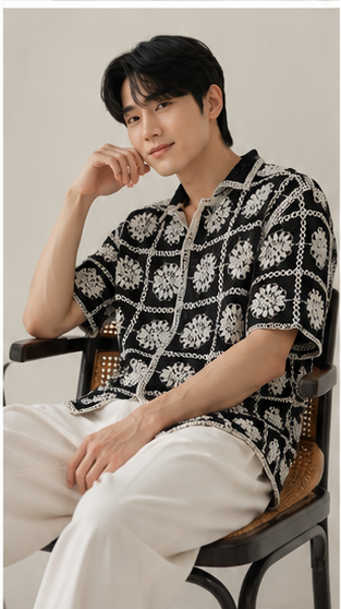 Men's Black & White Crochet Floral Grid Shirt – Premium Handmade Knit Resort Wear Shirt