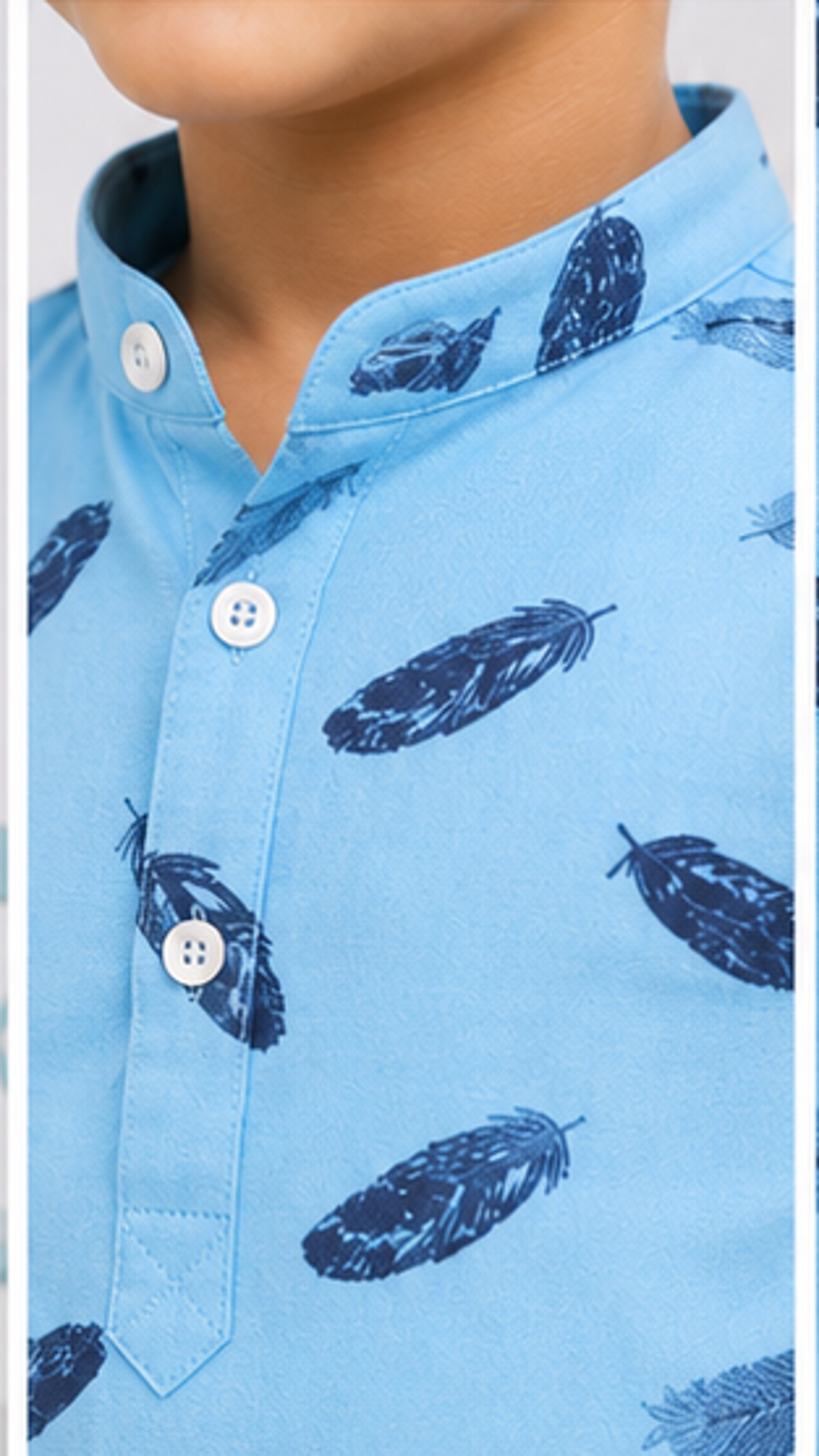 Boys Sky Blue Feather Print Mandarin Collar Shirt (Full Sleeve)