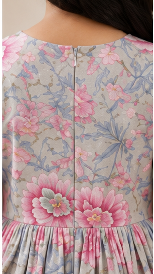 Girls Floral Fit & Flare Dress – Grey Base with Pink Blossom Print