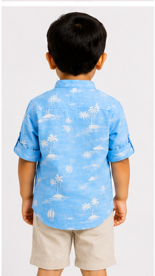 Boys Sky Blue Tropical Print Cotton Short Kurta Shirt – Summer Casual Kidswear