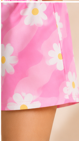 Girls Pink Daisy Floral Off-Shoulder Co-ord Set with Tie-Up Shorts
