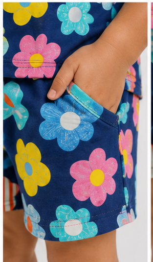 Colorful Floral Print Kids Co-Ord Set – Navy Blue Multicolor Flower T-Shirt & Shorts for Girls