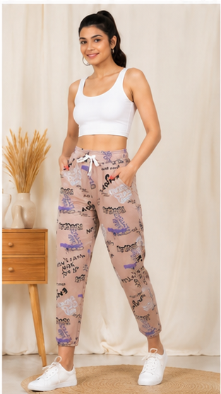Women Beige Printed Joggers – Trendy Slim Fit Casual Lounge & Streetwear Pants