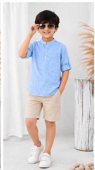 Boys Sky Blue Micro Print Cotton Short Kurta Shirt – Elegant Casual Kidswear