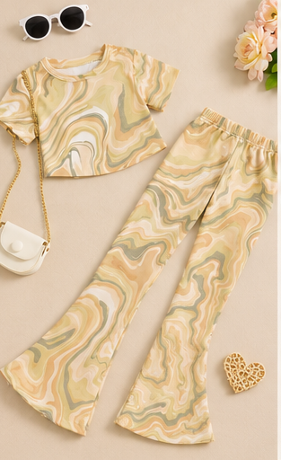 Girls Beige Marble Co-Ord Set | Kids Crop Top & Flared Pants Outfit | Trendy Western Wear for Girls