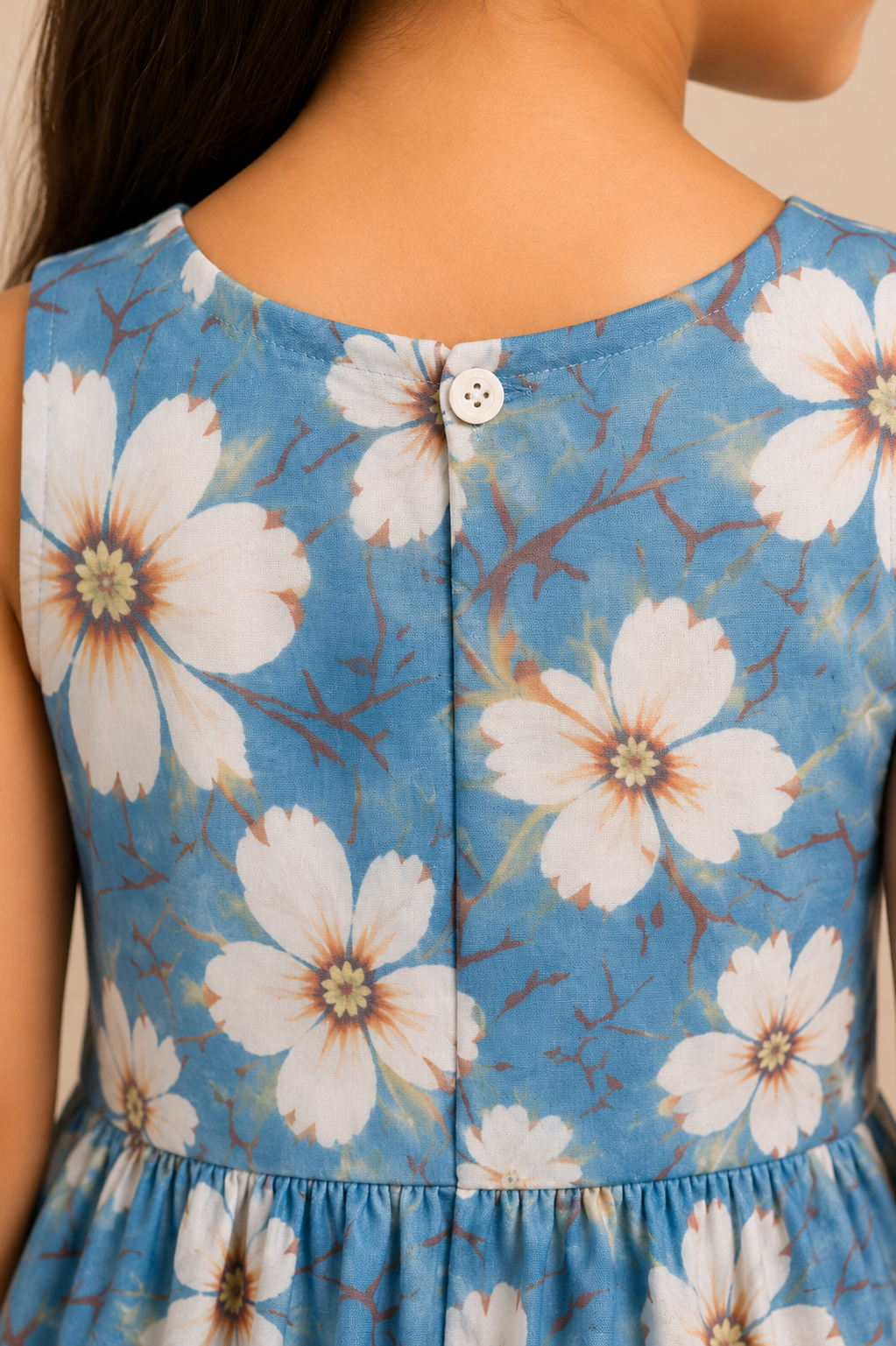 Girls Dusty Blue Floral Print Fit & Flare Dress (Sleeveless)