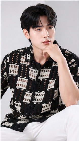 Men's Black & White Geometric Crochet Knit Shirt – Premium Handmade Resort Wear Shirt