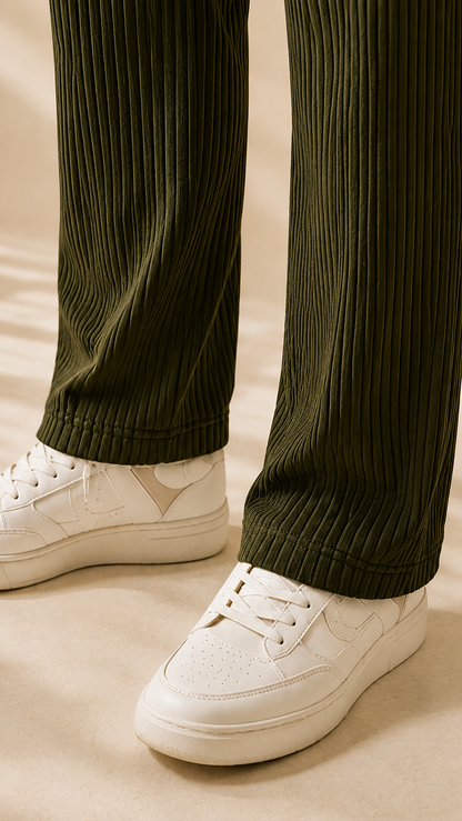 Olive Green Ribbed Track Pants for Men | Premium Relaxed Fit Textured Joggers with Zip Pockets