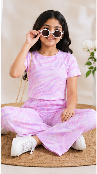Girls Pink Marble Print Co-Ord Set | Kids Crop Top & Wide Leg Pants Outfit | Trendy Western Wear for Girls