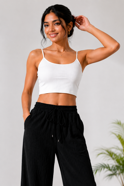 Black Crinkle Palazzo Pants for Women | Elastic Waist Wide Leg Lounge Trousers