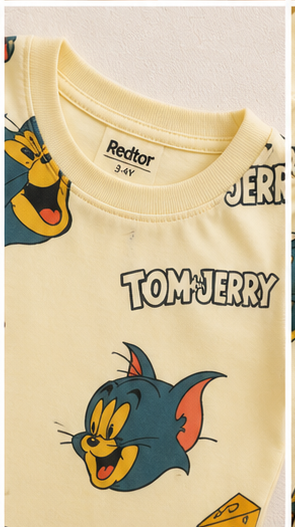 Beige Cartoon Cat & Mouse Kids Co-Ord Set – Cute Animated Print T-Shirt & Shorts for Girls