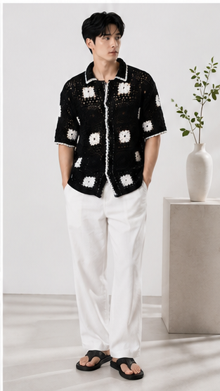 Men's Black Crochet Granny Square Knit Shirt – Handmade Premium Resort Wear Shirt