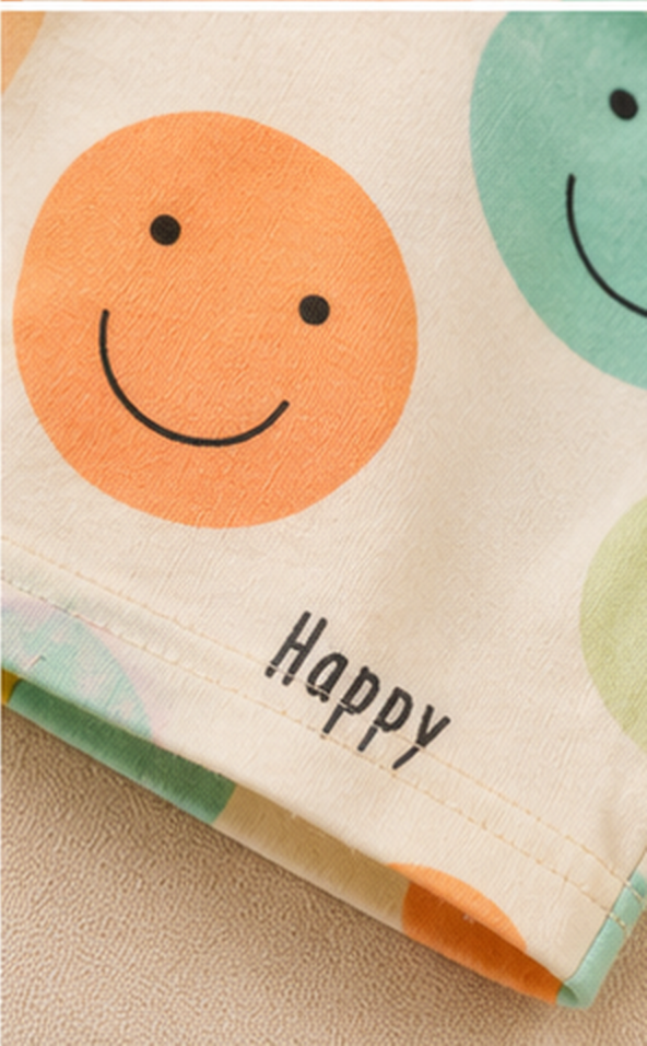 Happy Smiley Face Kids Co-Ord Set – Cute Printed Cotton T-Shirt & Shorts Set for Girls
