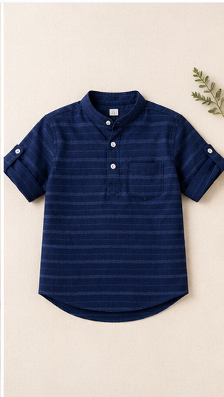 Boys Navy Blue Striped Mandarin Collar Shirt (Full Sleeve)