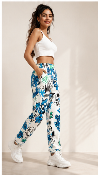 Women White Graffiti Printed Joggers – Stylish Casual Lounge & Streetwear Pants