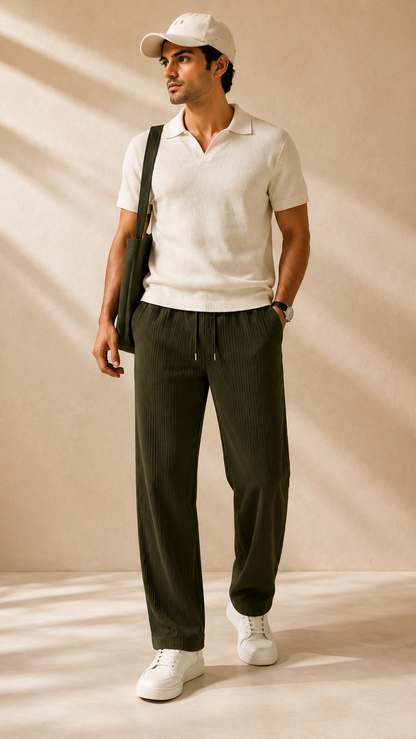 Olive Green Ribbed Track Pants for Men | Premium Relaxed Fit Textured Joggers with Zip Pockets