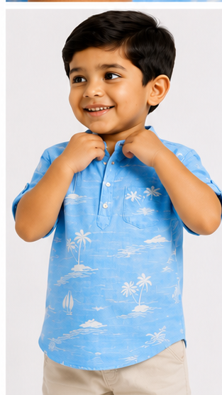 Boys Sky Blue Tropical Print Cotton Short Kurta Shirt – Summer Casual Kidswear