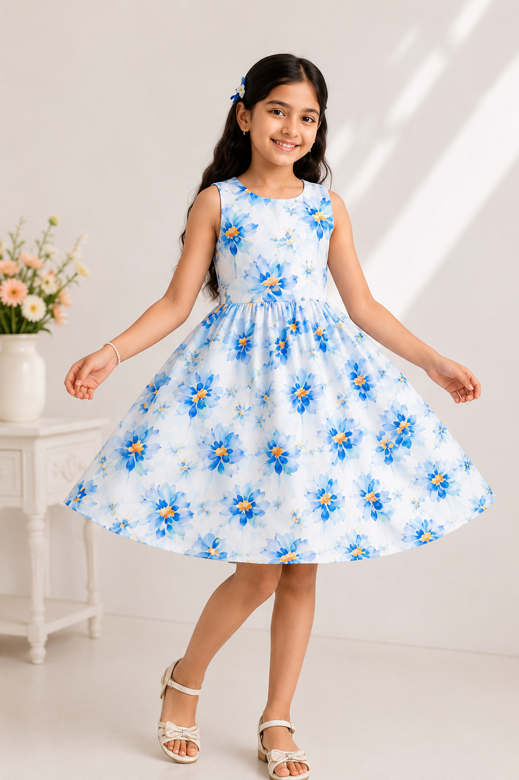 Girls Sky Blue Floral Print Fit & Flare Dress (Sleeveless)