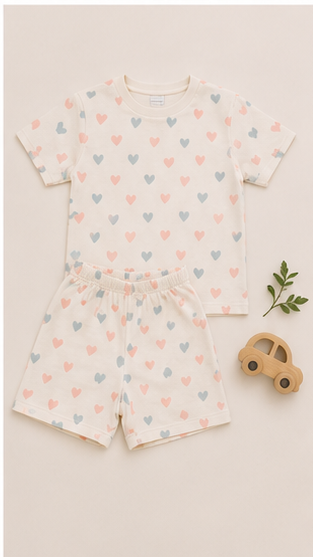 Pastel Heart Print Kids Co-Ord Set – Soft Cotton T-Shirt & Shorts Summer Outfit for Boys & Girls