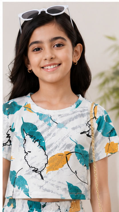 Girls Printed Co-Ord Set with Crop Top & Flared Pants | Stylish Kids Western Wear Outfit for Girls