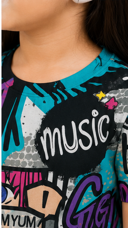 Urban Street Graffiti Print Kids Co-Ord Set – Trendy Graphic T-Shirt & Shorts for Girls