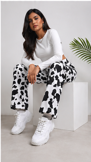 Women Black White Cow Print Pants – Stylish Wide Leg Casual Streetwear Trousers