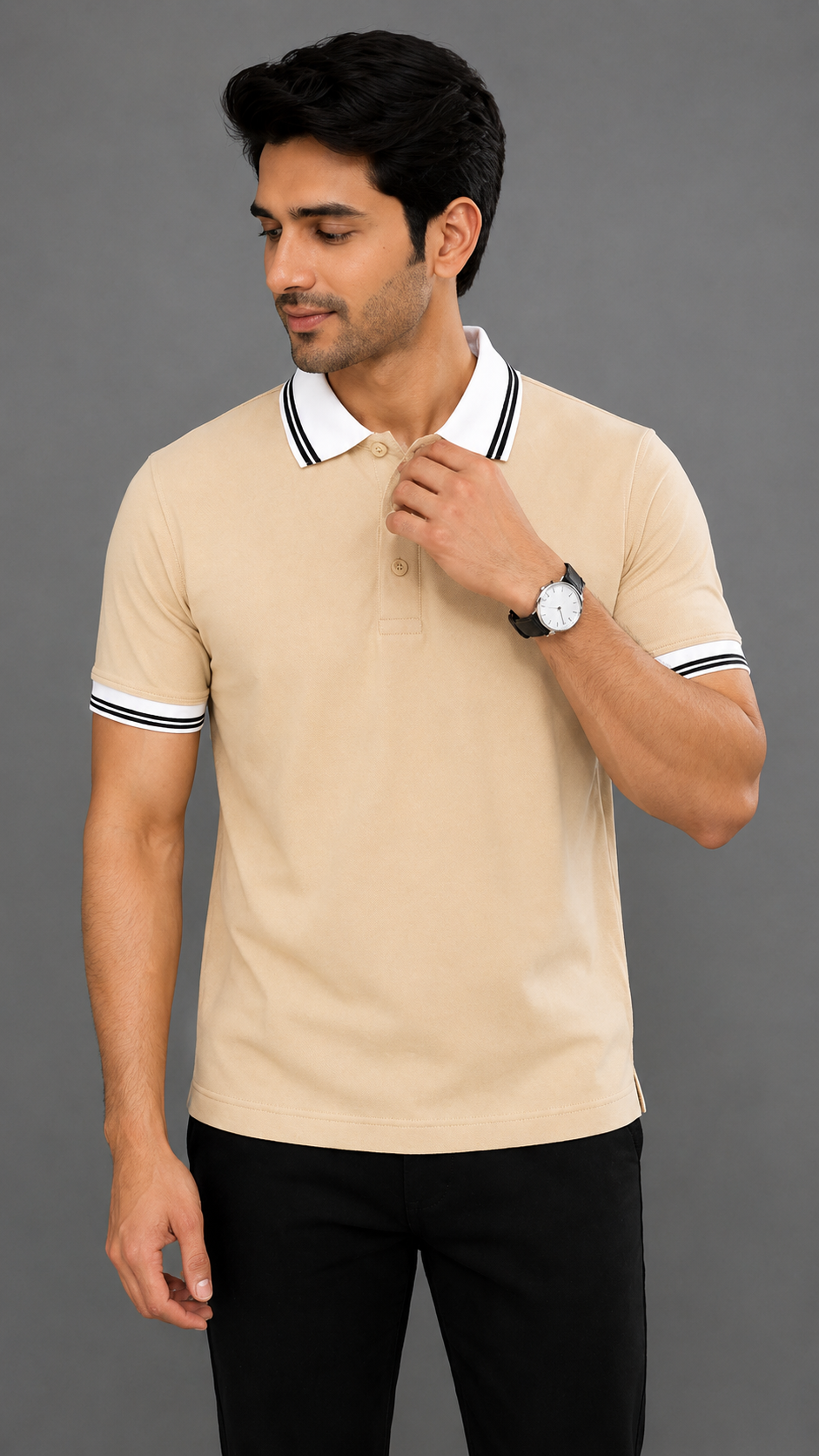 Men’s Premium Beige Polo T-Shirt with White Contrast Collar & Sleeve Stripes