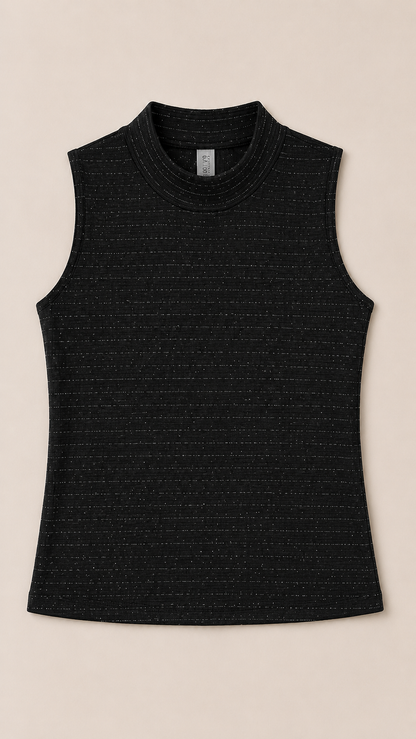 Women’s Premium Black Mock Neck Sleeveless Top – Slim Fit Ribbed Casual Wear