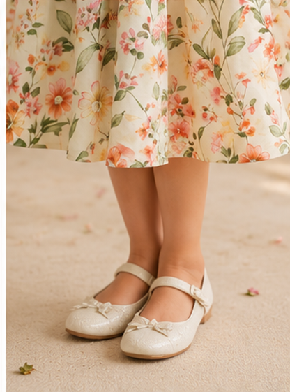 Girls Cream Floral Print Fit & Flare Dress (Sleeveless)