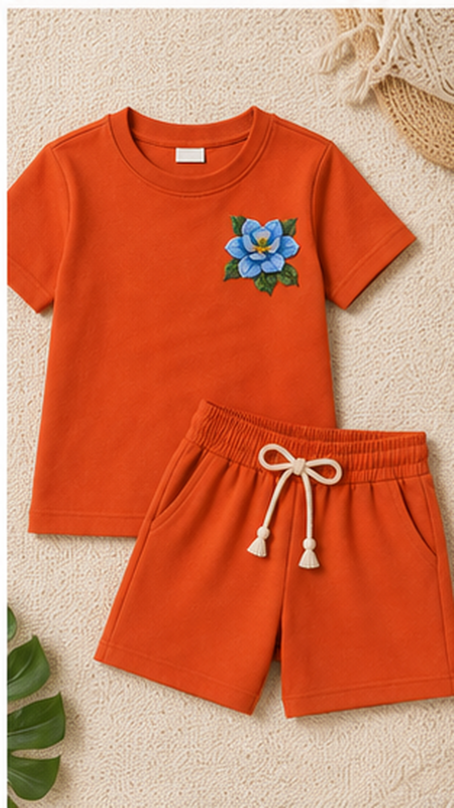 Women’s Burnt Orange Floral Embroidered Co-Ord Set – Casual T-Shirt & Shorts Lounge Wear