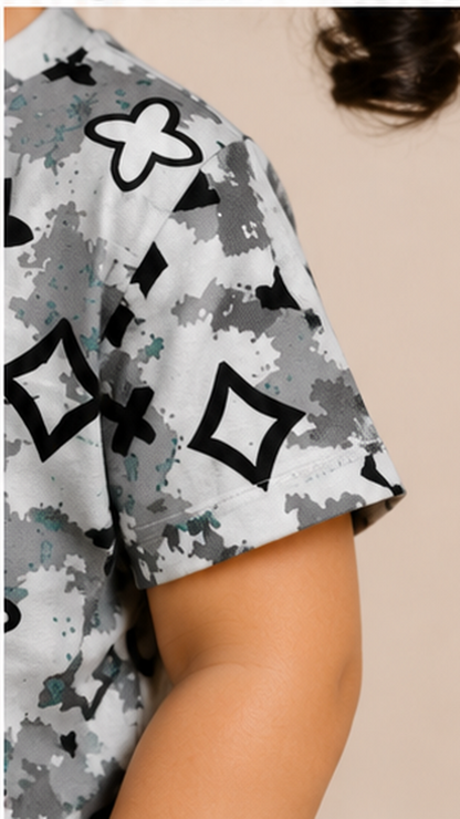 Grey Monogram Style Kids Co-Ord Set – Abstract Luxury Print T-Shirt & Shorts for Kids