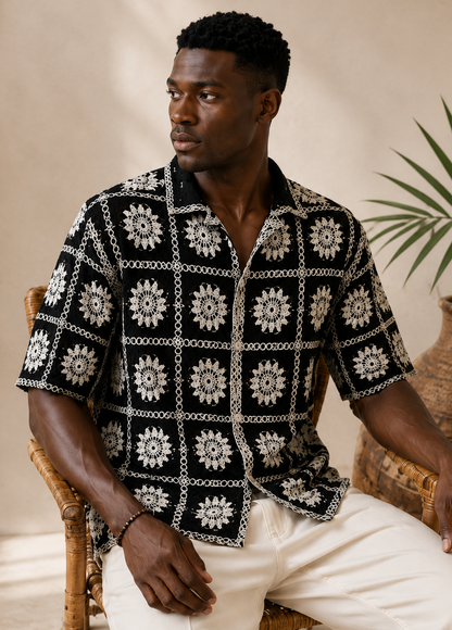 Men's Black Floral Embroidered Shirt – Premium Casual Summer Resort Wear