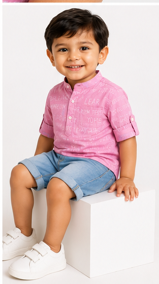 Boys Pink Typography Print Mandarin Collar Shirt (Full Sleeve)