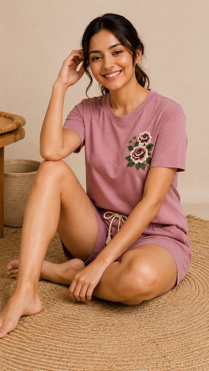 Women’s Dusty Pink Floral Embroidered Co-Ord Set – Casual T-Shirt & Shorts Lounge Wear
